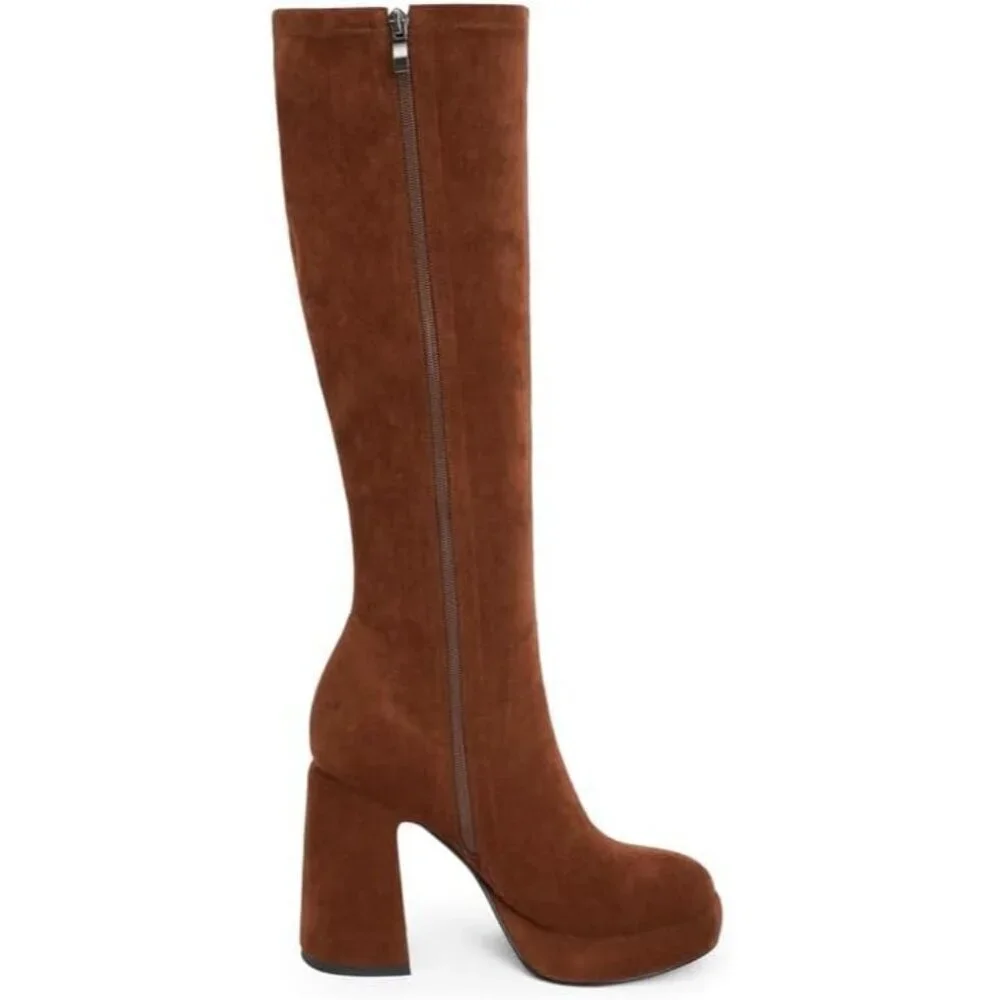 Women's brownsuede Platform Knee High Boots Chunky Heel Rounded Toe Zipper
